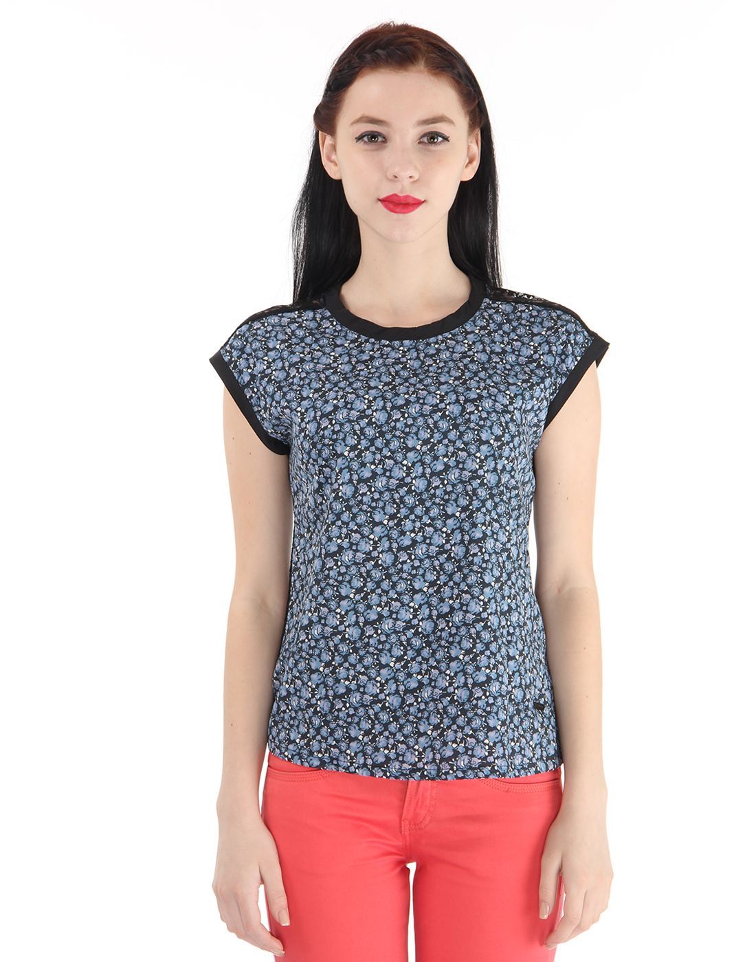 Pepe Jeans Women Casual Wear Black Floral Print Top